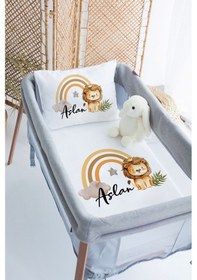 Resim Lilabio %100 Pamuk Saten İsme Özel İsimli 70x120 Park Yatak Nevresim Seti Gökkuşağı Aslan 
