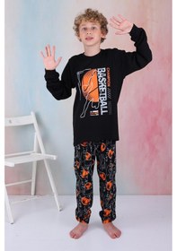 Resim Yeni Sezon Erkek Çocuk Gez Garson Basketball Uzun Kollu Pamuk İnterlok Pijama Takımı 5154-siyah Siyah 