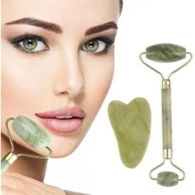 Resim Çift Taraflı 2li Cilt Yüz Masaj Aleti Jade Roller Yeşim Taşı Seti 