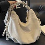 Resim Kadınlar İçin Gündelik Çizgili Korduroy Omuz Çantası, Ayarlanabilir Askı, Fermuar Kapatma, Hafif Polyester Astarlı Çanta - Siyah, Bej, Haki 