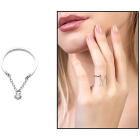 Resim Zirkon Taşlı Zincirli Silver Renk Free Size 925 Ayar Gümüş Kadın Tektaş Yüzük 