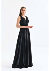 Resim Neşeli Butik Kadın Siyah V Yaka Simli Tül Abiye Elbise Nbs9223 Siyah 