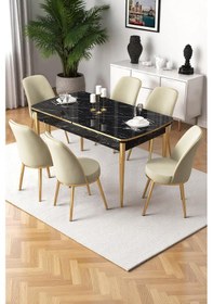 Resim Canisa Nira Serisi 70x114 Mdf Siyah Mermer Desen Mutfak Masa Takımı 6 Krem Sandalye Gold Detay Masa Siyah Mermer Desen Sandalye Krem Ayaklar Gold 