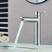 Resim 304 Paslanmaz Çelik Banyo Lavabo Musluğu - Tek Delikli Tepe Montajlı, Seramik Disk Valfi, Çıplak Krom, Soğuk Su Diverter, Elektrik/Akü Gerektirmez, G1/2 Musluğu, Su Aksesuarları Modern Tasarım | Düz Büküm Musluğu, Banyo Musluğu, Dört Mevsim 