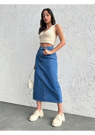 Resim Dema Kadın Yüksek Bel Pamuklu - Likrasız Bilek Boy Denim Etek Mavi 