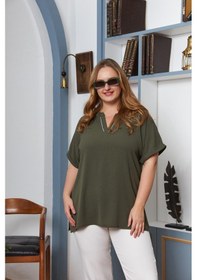 Resim Yaka Taş Işlemeli Büyük Beden Haki Bluz Haki 