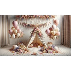 Resim Venspor Pastel Renkli Çiçek ve Balonlarla Süslenmiş Çadır Arkaplan 200 x 150 cm Fon Duvar Örtüsü 
