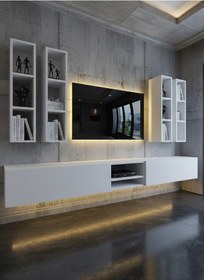 Resim Resital Ledli Duvara Monte Tv Sehpası - Beyaz - W6004-1 Beyaz 