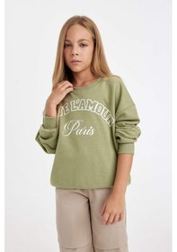 Resim Defacto Kız Çocuk Yeşil Relax Fit Bisiklet Yaka Baskılı Sweatshirt D3572A824AUKH461 Haki 