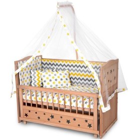 Resim Ahşap Beşik Anne Yanı Beşik Organik Boyasız 60x120 - Sarı Yıldız Çift Yastıklı Uyku Seti Yatak Ahşap 
