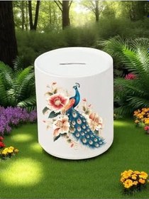 Resim Tavus Kuşu ve Çiçek Deseni Baskılı 3'lü Seramik Kumbara 