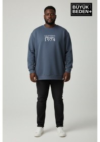 Resim Süperlife Erkek Büyük Beden California 1974 Baskılı Bisilet Yaka İnce Sweatshirt Spr26bsw956-2 Mavi 