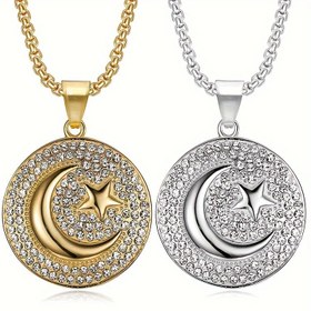 Resim 1pc Funky Yıldız ve Ay Kolye, Hip Hop Tarzı, Rhinestone Kaplı, Çinko Alaşım, Demir Tabanlı, Beyaz K Kaplama, Ramazan, Paskalya, St. Patrick Günü için - Üniseks Moda Takı 