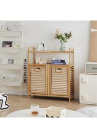 Resim Kirli 2 Kat Organizer Raflı - 2 Bölmeli Önden Çek Aç Kalın Ahşap Bambu Kirli Çamaşır Sepeti 80x33x87 Çok Renkli 