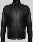 Resim Hakiki Kuzu Derisi Siyah Erkek Mont Dik Yaka Cepli Deri Ceket Siyah 