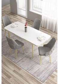 Resim Canisa Tia Serisi Mdf 80x132 Açılabilir Beyaz Gold Detay Yemek Masası Takımı Ve 4 Gri Sandalye Masa Beyaz Sandalye Gri 