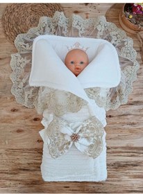 Resim Yenidoğan Beyaz Wool Yün Kumaş Taç Nakışlı Trilüks Kundak Bebek Battaniyesi Beyaz Beyaz 