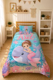 Resim Evmila Karikatüristik Deniz Kızı Temalı Nevresim Takımı - 100x150 cm Nevresim ( Bebek Boy Özelleştirilmiş ) + 35x45 cm Yastık Kılıfı 