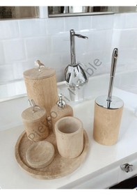 Resim Sarı Traverten Klasik Model 7 Parça Gümüş Renk Japon Gülü Aksesuarlı Banyo Seti Sarı Traverten 