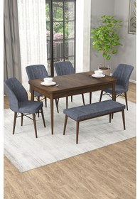 Resim Arel Barok Desen 80x132 Açılabilir Mdf Masa Yemek Odası Takımı, Mutfak Takımı 4 Sandalye, 1 Bench Barok Masa - 4+1 Füme - Ceviz Ayak 