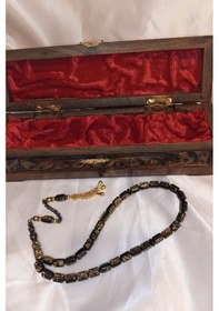 Resim Kehribar Tespih Beyrut Damla Kehribar Tesbih Altın Varaklı Siyah İşleme Ahşap Kutulu 