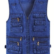 Resim Plus Beden Erkek %100 Pamuk Denim Yelek - V-Yaka Çok Cepli Yazlık İlkbahar Sonbahar Dış Mekan Yeleği, Makinede Yıkanabilir Düz Kesim Güçlendirilmiş Dikişli, PLUS BEDEN 