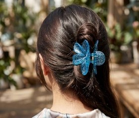 Resim Lotus Saç Tokası - Büyük Boy 8 cm, Tekli Saç Tokası, Lotus Çiçeği Tasarımı (Pırıltılı Mavi) 