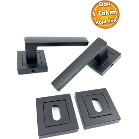 Resim Mat Siyah Kare Rozetli Kapı Kolu Takımı, 2 Adet, Ön ve Arka Uyumlu 