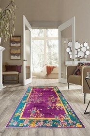 Resim Pelangi Mor Zemin Çiçek Desenli Yıkanabilir Kaymaz Taban Leke Tutmaz Modern Salon Halısı Ve Yolluk, Mor 100 x 300, 74571234100300728 