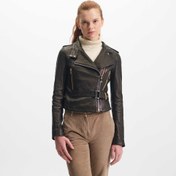 Resim Siyah Deri Kadın Deri Biker Mont - K22KDM320296-R50 