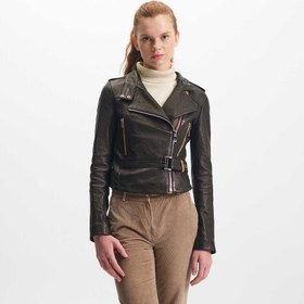 Resim Siyah Deri Kadın Deri Biker Mont - K22KDM320296-R50 