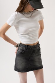 Resim RAMİMSE RAMIMSE Asimetrik Kemer Denim Mini Etek 