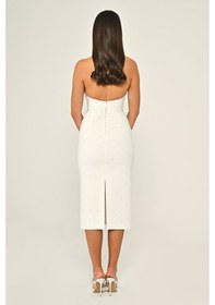Resim Halter Yaka Boncuklu Krep Midi Abiye Elbise Alfa Beta B7028 Beyaz 