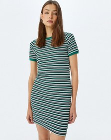 Resim Koton Bisiklet Yaka Kısa Kollu Fitilli Mini Bodycon Elbise Yeşil Çizgili 5sal80042ık Yeşil Çizgili Yeşil 