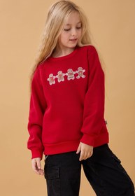 Resim Kız Çocuk Bisiklet Yaka Kurabiye Nakışlı Sweatshirt - Gri Melanj / 12-13 Yaş 