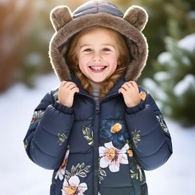 Resim Kızlar İçin Çift Yüzlü Kapüşonlu Kışlık Mont - Ayı/Kartal/Dinozor Baskılı (Rastgele) & Düz Renk, Tam Fermuarlı, Kısa H-Kesim, Kolay Katmanlama, Kayak ve Oyun İçin Makinede Yıkanabilir Dış Giyim 