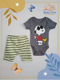 Resim Baby Lina Anne Ve Bebek Ürünleri Snoppy Desenli Çıtçıtlı Body Şortlu Bebek Takımı Alt Üst 