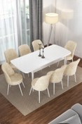 Resim Canisa Concept Via Serisi 80x132 Açılabilir Mutfak Masası Takımı Beyaz Masa 8 Krem Sandalye 