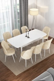 Resim Canisa Concept Via Serisi 80x132 Açılabilir Mutfak Masası Takımı Beyaz Masa 8 Krem Sandalye 