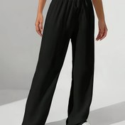 Resim Kadın Hafif Elastik Bel Geniş Bacaklı Pantolon Çekmece ve Cep ile - Bahar, Yaz, Sonbahar için Rahat Düz Siyah H-Silhouette Pantolon - Konforlu Tüm Mevsim Giyim, Tüm Mevsim Pantolon | Rahat Fit Pantolon | Pürüzsüz Dokuma 