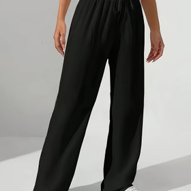 Resim Kadın Hafif Elastik Bel Geniş Bacaklı Pantolon Çekmece ve Cep ile - Bahar, Yaz, Sonbahar için Rahat Düz Siyah H-Silhouette Pantolon - Konforlu Tüm Mevsim Giyim, Tüm Mevsim Pantolon | Rahat Fit Pantolon | Pürüzsüz Dokuma 