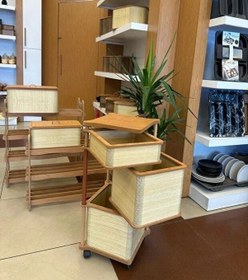 Resim Ahşap Kare Tekerlekli Sebzelik 3 Katlı Yana Açılır Patates Soğan Sarımsak Krem Krem 