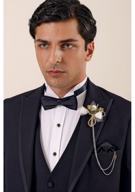 Resim İmza Desenli Çıkarılabilir Kırlangıç Yaka Tam Astar Yelekli 6 Drop Slim Fit Dar Kesim Smokin Damatlık 1001225203-Koyu Lacivert 
