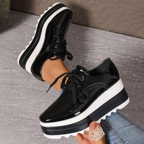 Resim Kadınlar İçin İngiliz Tarzı Kare Ayak Ucu Platform Ayakkabılar Kalın Taban Uzatma Sıska Olmayan Kaymaz Hafif Tüm Maç Lace-Up Ayakkabılar 