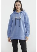 Resim Kapüşonlu İçi Pamuklu Kalın Sweatshirt - Mavi Ekru 