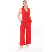 Resim Kadın Büyük Beden Kırmızı Anvelop Yakalı Geniş Paçalı Tulum 65n37734-kırmızı Kırmızı 