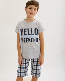Resim Vitmo Erkek Çocuk Kısa Kollu Kapri %100 Pamuklu Pijama Takımı Hello Weekend KARMELANJ 