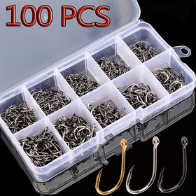 Resim 100 Adet Premium Karbon Çelik Balıkçılık Kancaları Seti - Karışık Renkler, Sinek & Deniz Balıkçılığı için Tek Daire Tasarımı, Dikenli Sazan Kancaları Saklama Kutusu, Jip, Takım Aksesuarları 