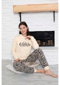 Resim Guava Kadın Bisiklet Yaka Bilek Manşet/lastikli 2 İplik Cepli Kışlık Jogger Eşofman Pijama Takımı Homewear Leopar Çok Renkli 