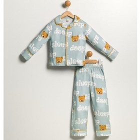 Resim Çocuk Unisex Önü Düğmeli Mavi Ayıcık Sleep Desenli 2'li Alt Üst Pijama Takımı 001 